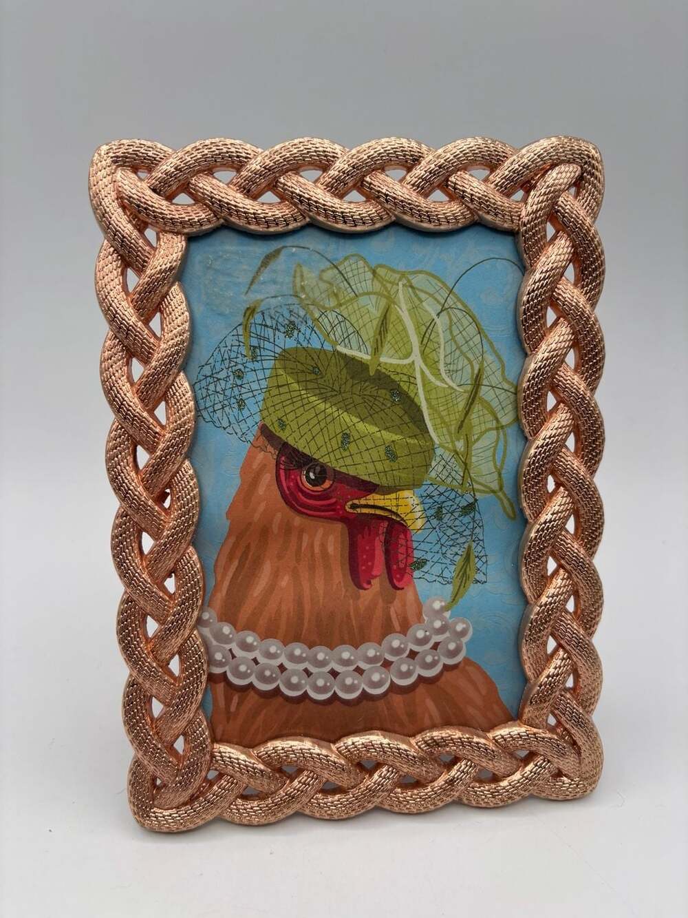Azzure Home Rose Gold Braided Frame with Whimsical Hen Art